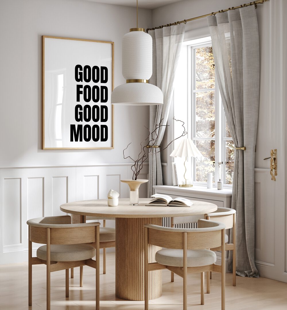 Stylish typography poster reading "GOOD FOOD GOOD MOOD" by Athene Fritsch, perfect for uplifting spaces.