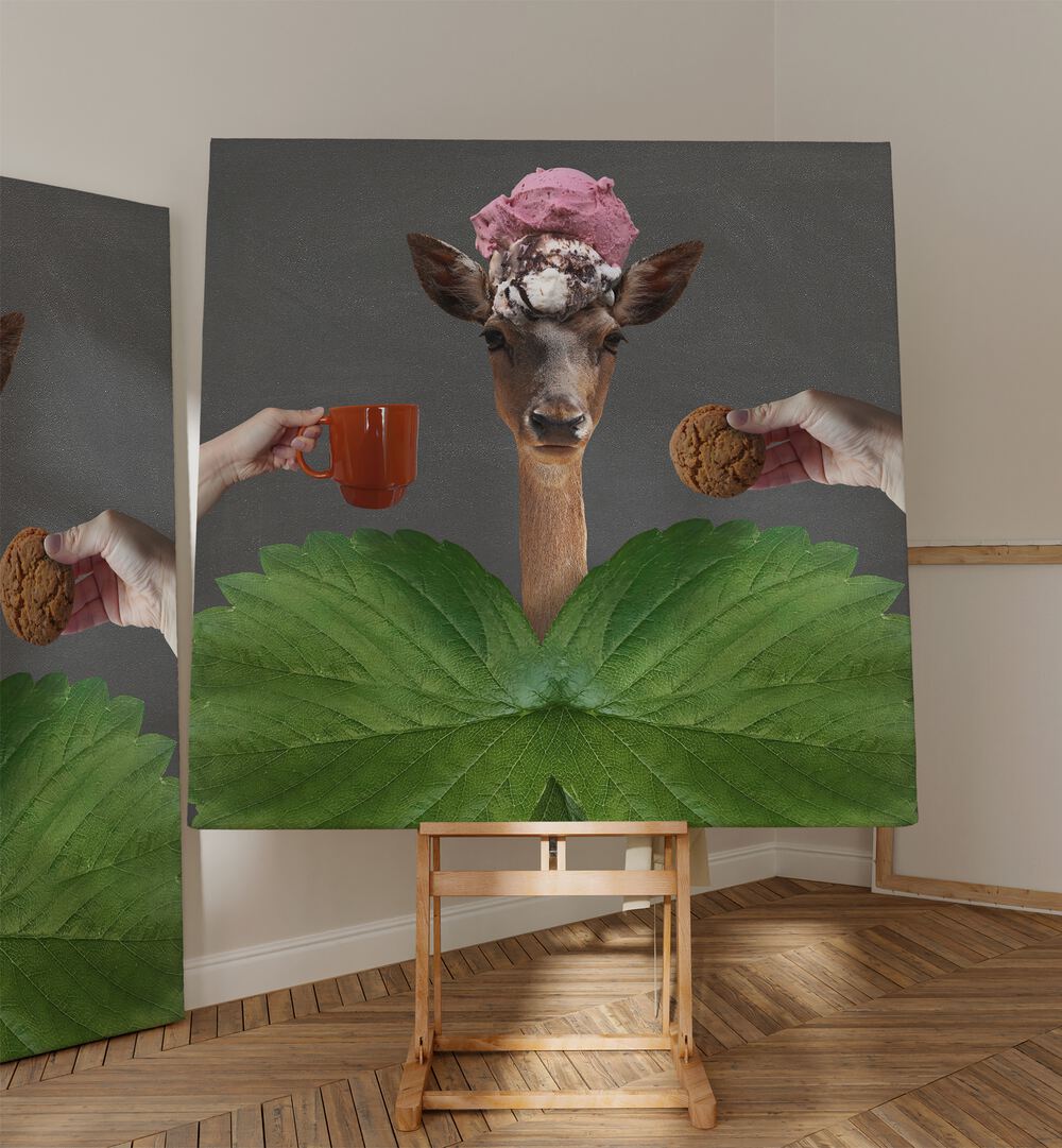 Surreal art prints featuring a whimsical deer with ice cream, perfect for inspiring mornings. GOOD MORNING, SURREAL ART PRINTS.