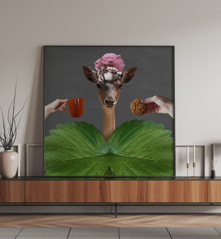 Whimsical GOOD MORNING, SURREAL ART PRINTS featuring a deer with a floral crown, coffee, and cookie for a unique decor.