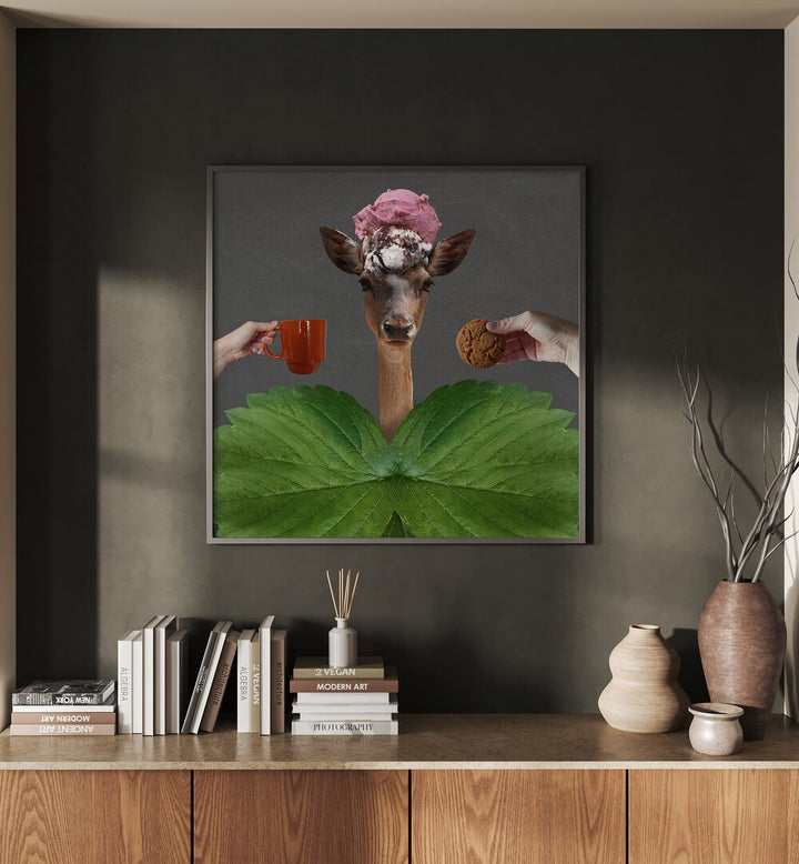 Surreal art print "GOOD MORNING, SURREAL ART PRINTS" features a whimsical deer with breakfast items, perfect for inspiration.