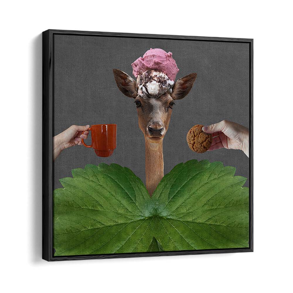Whimsical GOOD MORNING, SURREAL ART PRINTS featuring a deer with ice cream, perfect for inspiring creativity.
