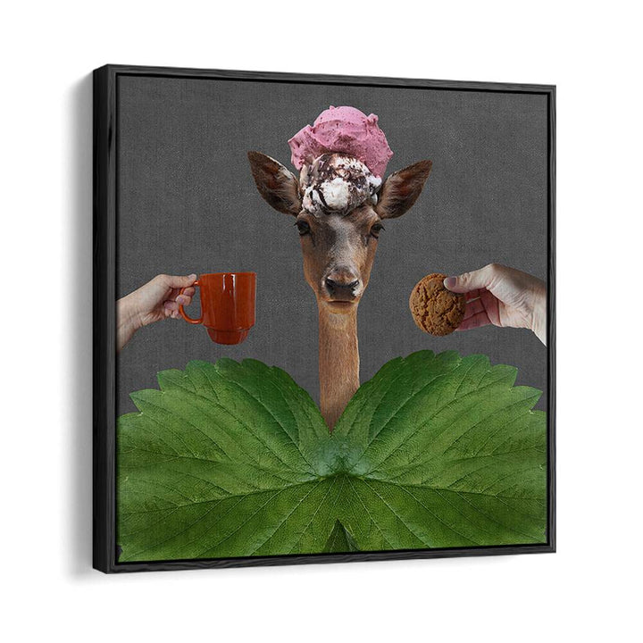 Whimsical GOOD MORNING, SURREAL ART PRINTS featuring a deer with ice cream, perfect for inspiring creativity.