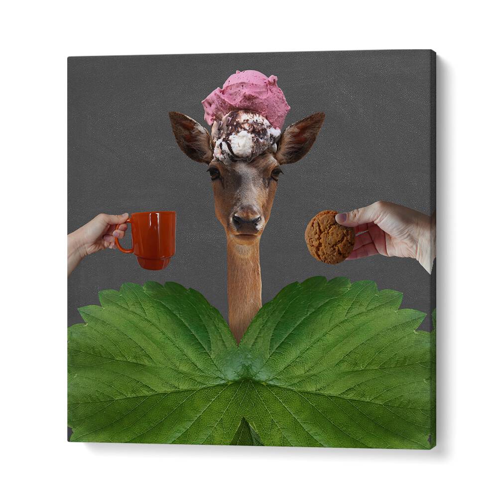 Quirky GOOD MORNING, SURREAL ART PRINTS featuring a deer with ice cream, coffee, and cookie for a whimsical start.
