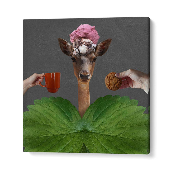 Quirky GOOD MORNING, SURREAL ART PRINTS featuring a deer with ice cream, coffee, and cookie for a whimsical start.
