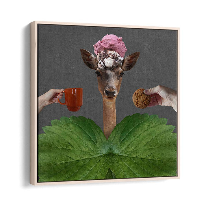 Quirky GOOD MORNING, SURREAL ART PRINTS featuring a deer with ice cream, coffee, and cookies for a whimsical touch.