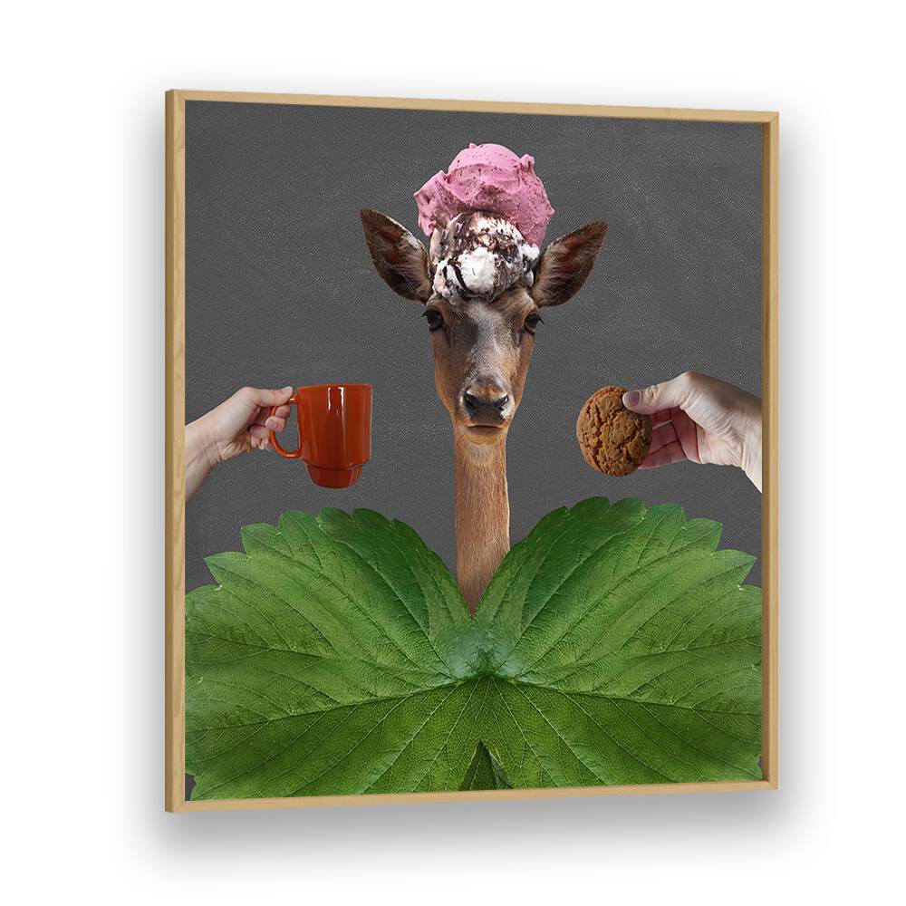 Whimsical GOOD MORNING, SURREAL ART PRINTS featuring a deer with ice cream, coffee, and cookie in vibrant colors.