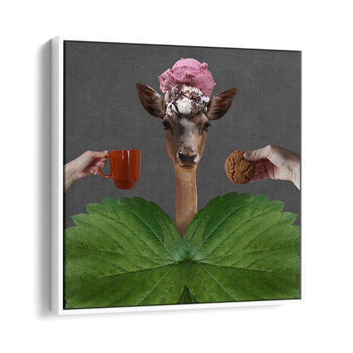Surreal art print featuring a deer with ice cream and hands offering coffee and cookies, perfect for GOOD MORNING, SURREAL ART PRINTS.