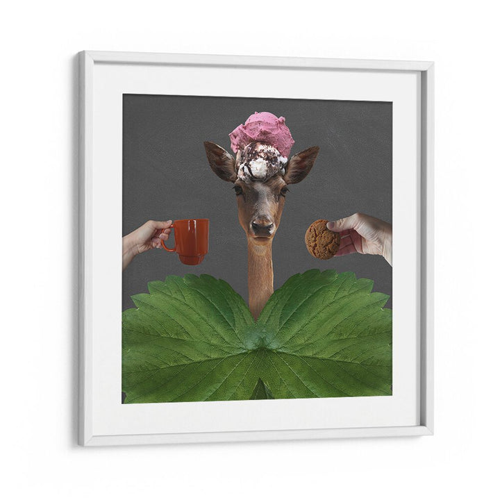 Whimsical GOOD MORNING, SURREAL ART PRINTS featuring a giraffe with ice cream, perfect for inspiring your creativity.