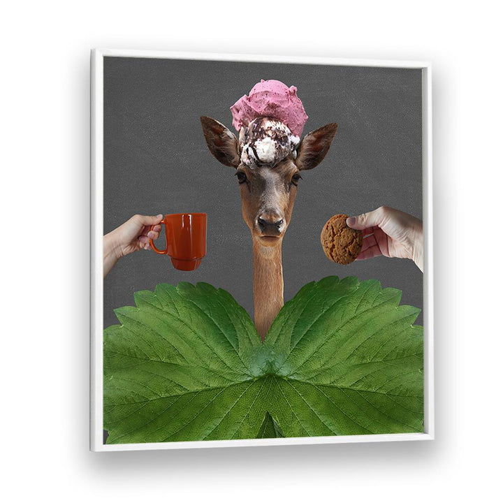 Colorful GOOD MORNING, SURREAL ART PRINTS featuring a whimsical deer with ice cream, perfect for inspiring creativity.