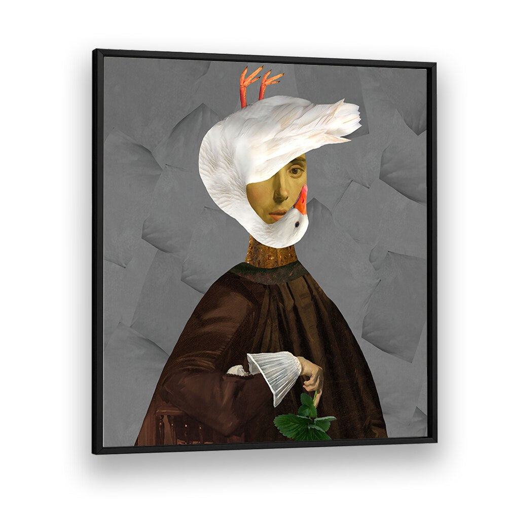 Explore whimsical charm with GOOSE AND SARA, SURREAL ART PRINTS featuring a surreal portrait in a sleek black frame.