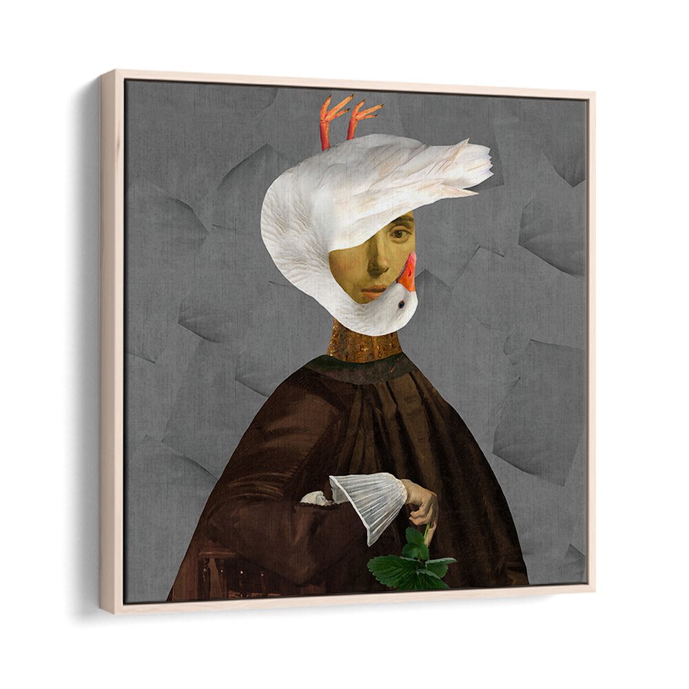 Whimsical GOOSE AND SARA, SURREAL ART PRINTS featuring a striking surreal portrait in a floater frame. Transform your space!