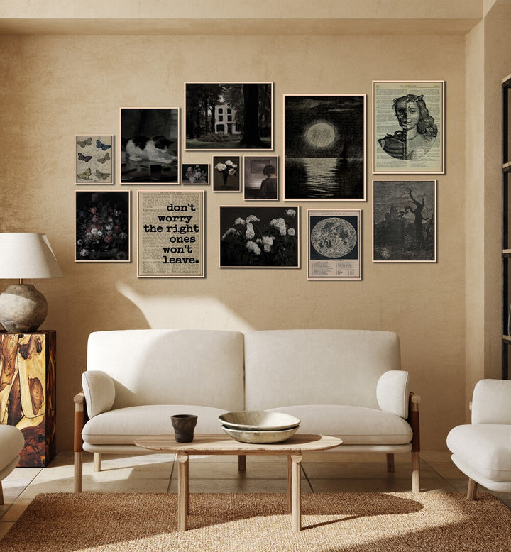 Stylish GOTHIC GALLERY WALL at Asian Monk features monochromatic and colored art for stunning GALLERY WALLS decor.