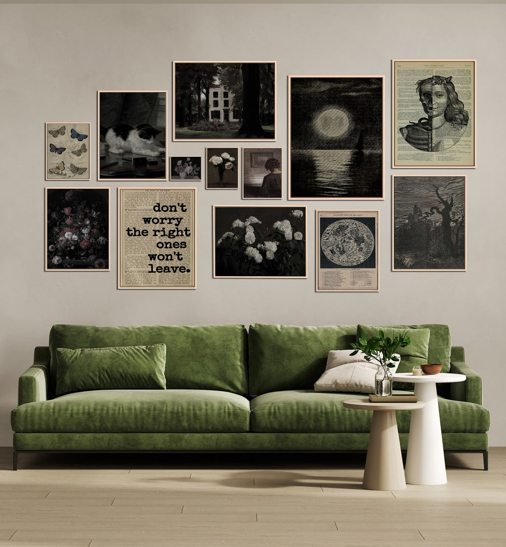 Stylish Gothic Gallery Wall at Asian Monk featuring diverse artwork, perfect for modern gallery walls.