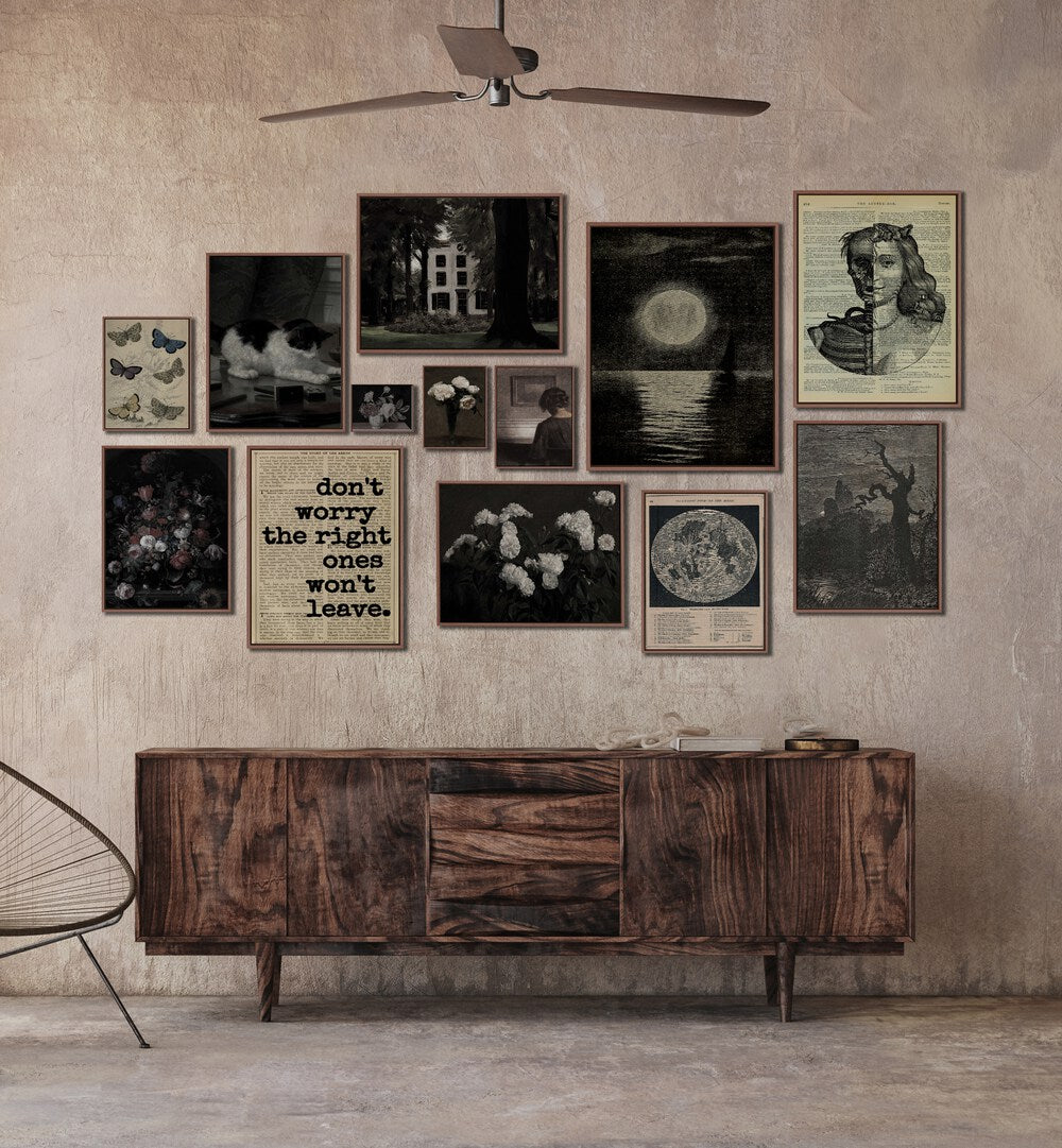 Stunning Gothic Gallery Wall at Asian Monk showcases monochromatic and colored artwork for elegant gallery walls.