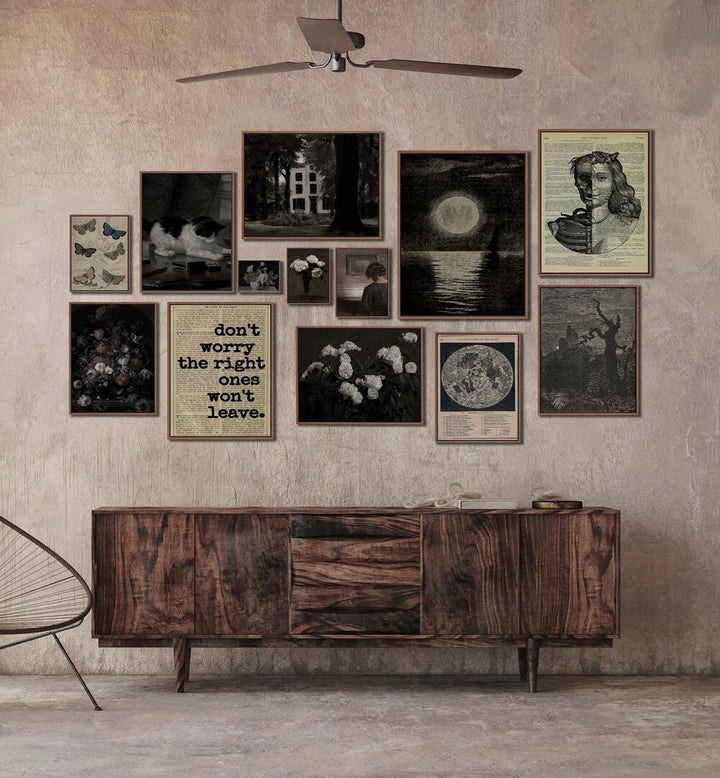 Stunning Gothic Gallery Wall at Asian Monk showcases monochromatic and colored artwork for elegant gallery walls.