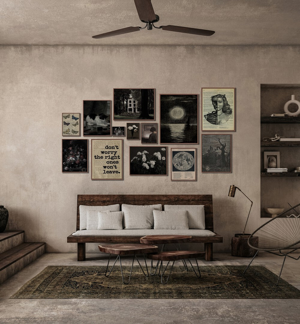 Stylish GOTHIC GALLERY WALL at Asian Monk featuring an eclectic mix of monochromatic and colored artwork. Perfect for GALLERY WALLS.