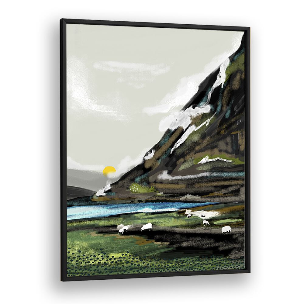 Stunning GRAZE , LANDSCAPE PAINTINGS by Uma Gokhale, featuring vibrant scenery in a sleek black frame.