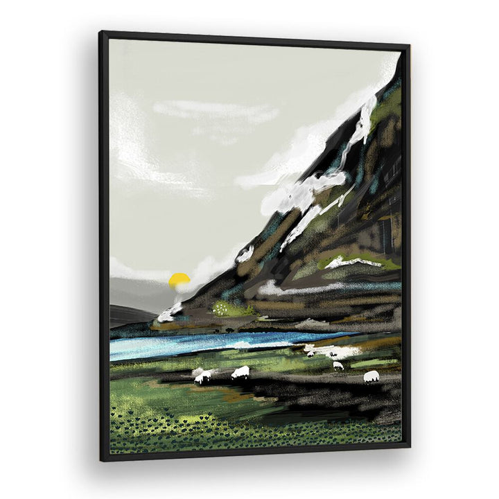 Stunning GRAZE , LANDSCAPE PAINTINGS by Uma Gokhale, featuring vibrant scenery in a sleek black frame.