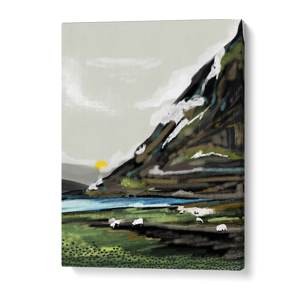 Vibrant "GRAZE, LANDSCAPE PAINTINGS" by Uma Gokhale, showcasing serene pastures and majestic mountains.