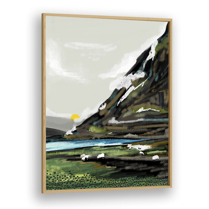 Vibrant GRAZE, LANDSCAPE PAINTINGS by Uma Gokhale in an oak frame, perfect for transforming your space.