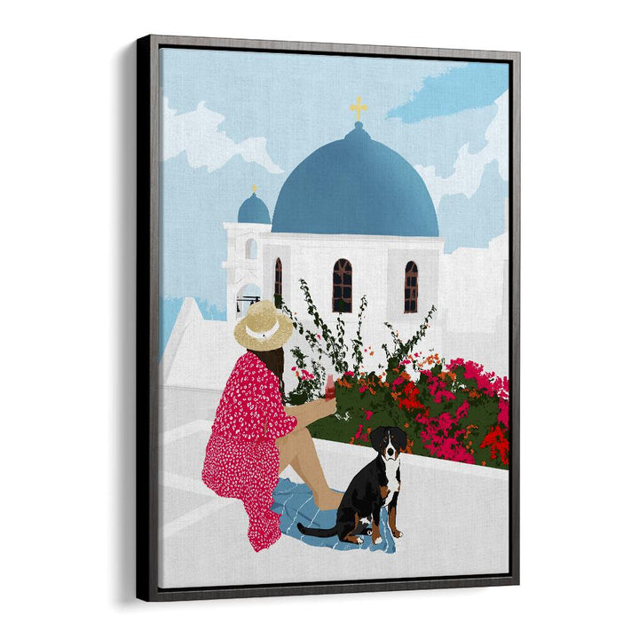 Vibrant GREEK STAYCATION, PORTRAITS by Uma Gokhale, featuring a woman and dog against a picturesque Greek backdrop.