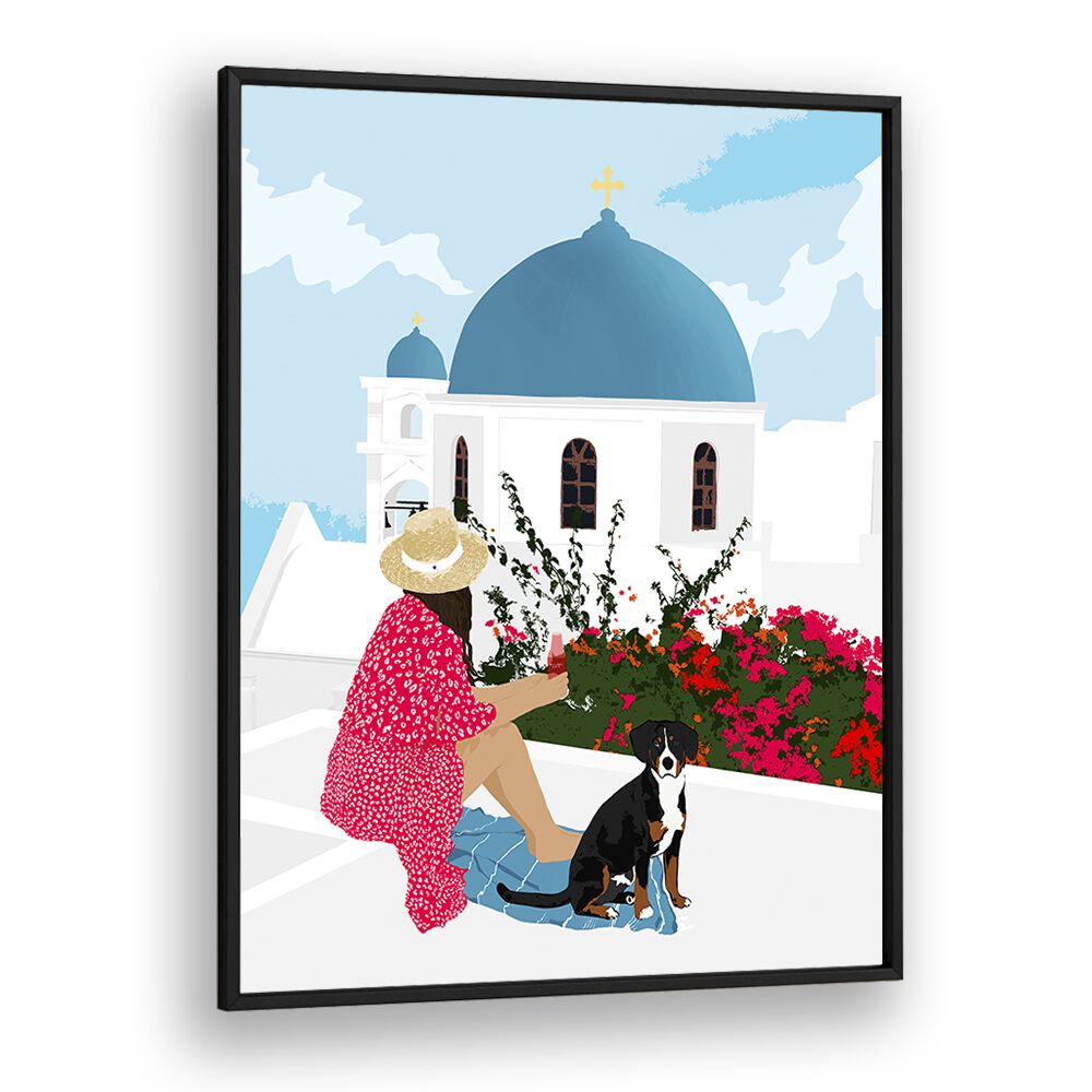 Vibrant GREEK STAYCATION, PORTRAITS illustration by Uma Gokhale, showcasing a serene scene in Greece with a woman and dog.
