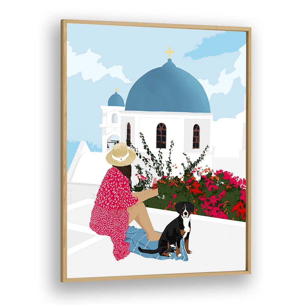 Colorful GREEK STAYCATION , PORTRAITS illustration by Uma Gokhale, featuring a woman and her dog against a vibrant backdrop.