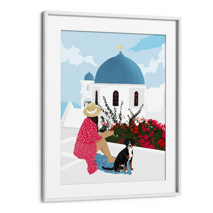 Vibrant GREEK STAYCATION, PORTRAITS illustration by Uma Gokhale, showcasing a woman with her dog in a picturesque setting.