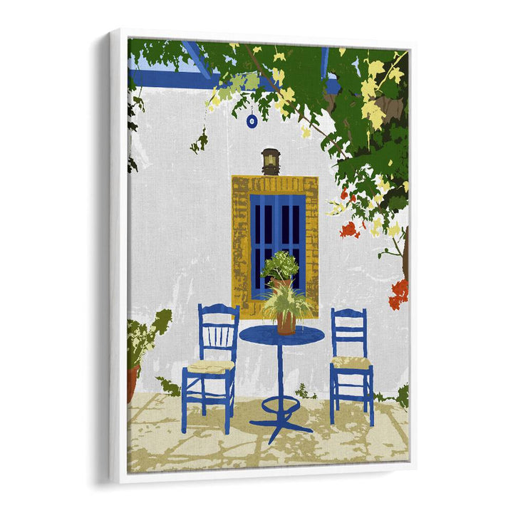Transform your space with the GREEK VACAY FOR TWO travel poster by Uma Gokhale, capturing Greece's enchanting beauty.