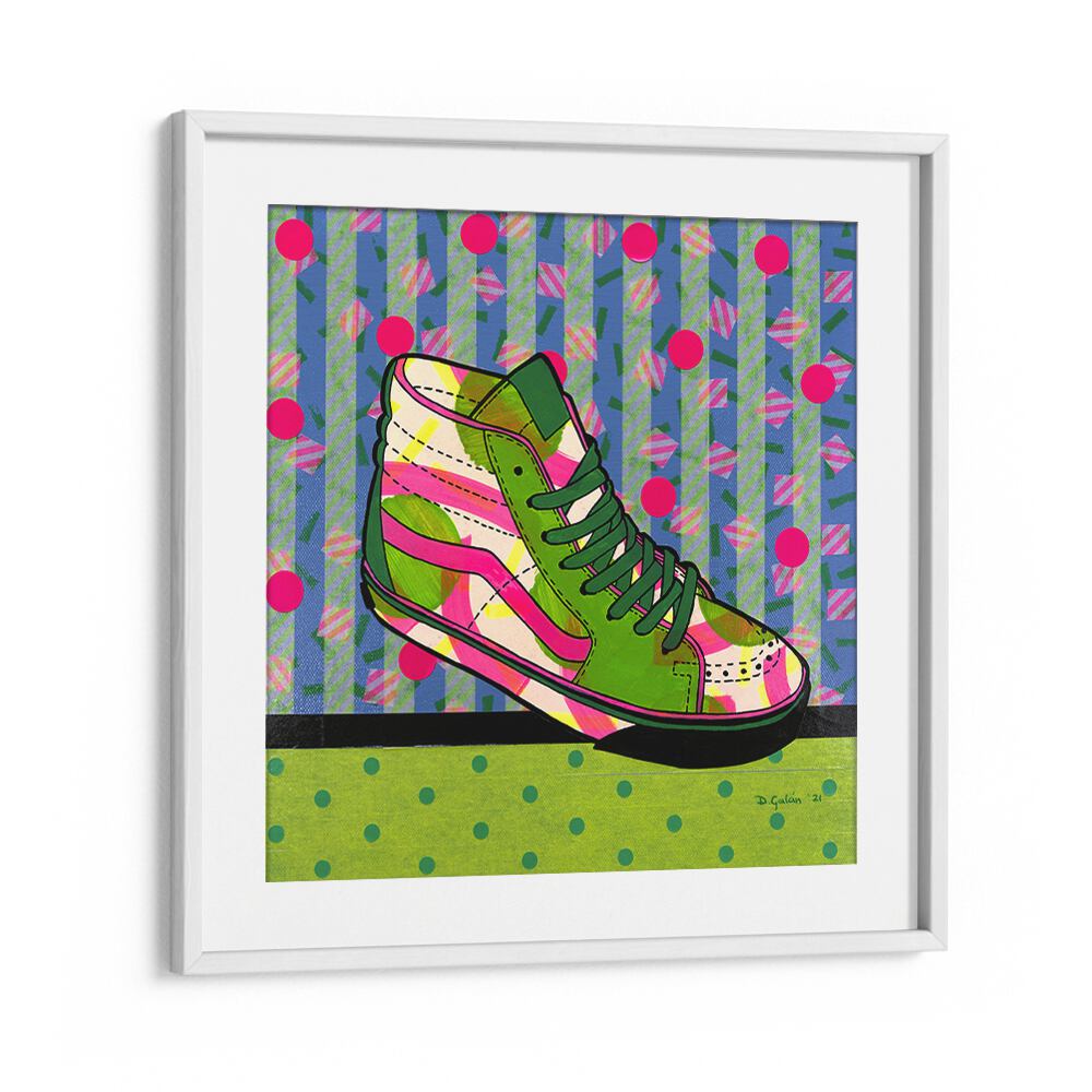 Vibrant GREEN FANTASY, FASHION POSTERS showcase stylish pop art sneakers in a chic white frame for modern decor.