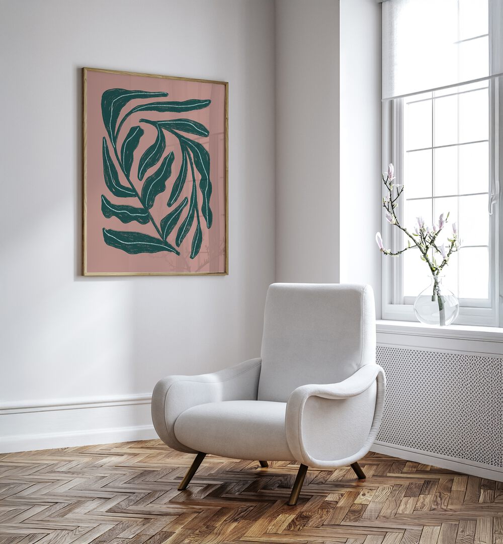 Stylish GREEN LEAVES, FLORAL FLOWER PAINTINGS complement modern decor in a bright, inviting space.