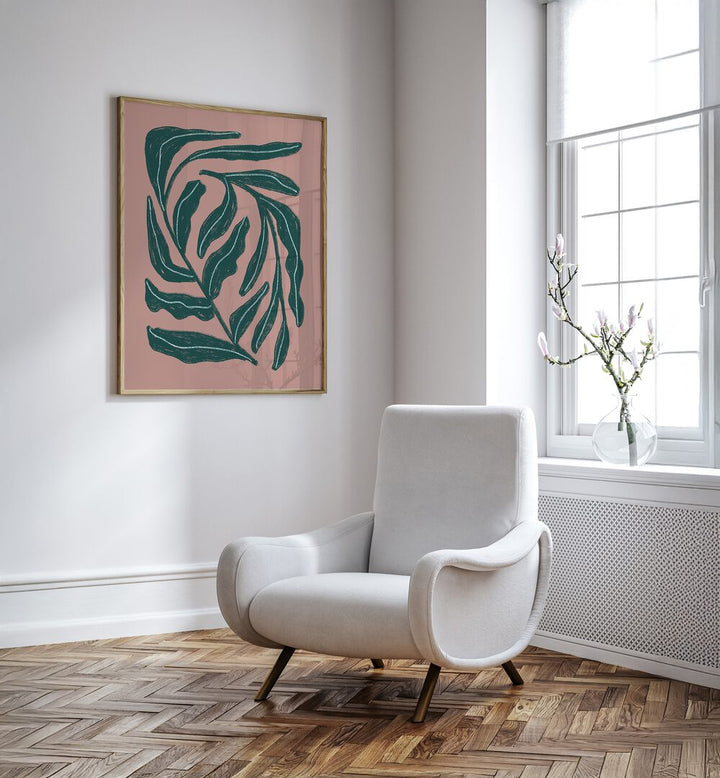 Stylish GREEN LEAVES, FLORAL FLOWER PAINTINGS complement modern decor in a bright, inviting space.