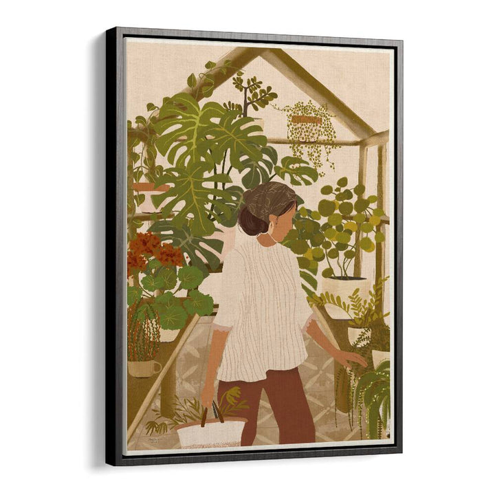 Andi Bell's GREENHOUSE, FLORAL FLOWER PAINTINGS showcase a serene woman surrounded by lush botanical beauty.