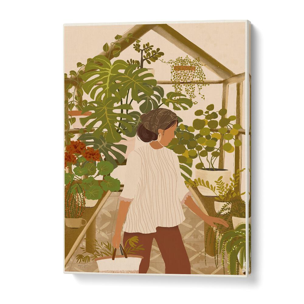 Serene greenhouse scene featuring vibrant plants, capturing nature's essence in GREENHOUSE, FLORAL FLOWER PAINTINGS.