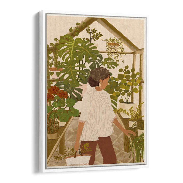 Woman tending to plants in a greenhouse, showcasing GREENHOUSE, FLORAL FLOWER PAINTINGS by Andi Bell for serene decor.