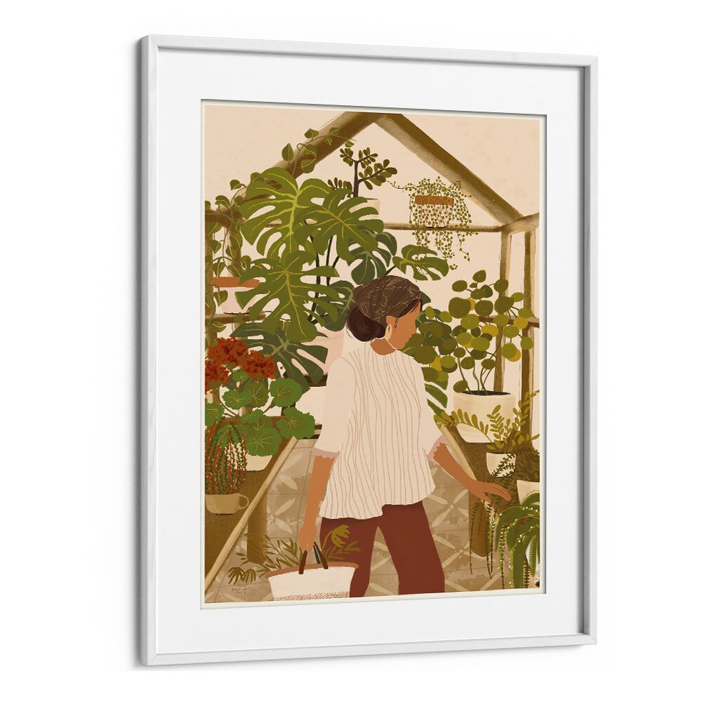 Elegant GREENHOUSE, FLORAL FLOWER PAINTINGS by Andi Bell showcasing lush greenery in a serene botanical setting.