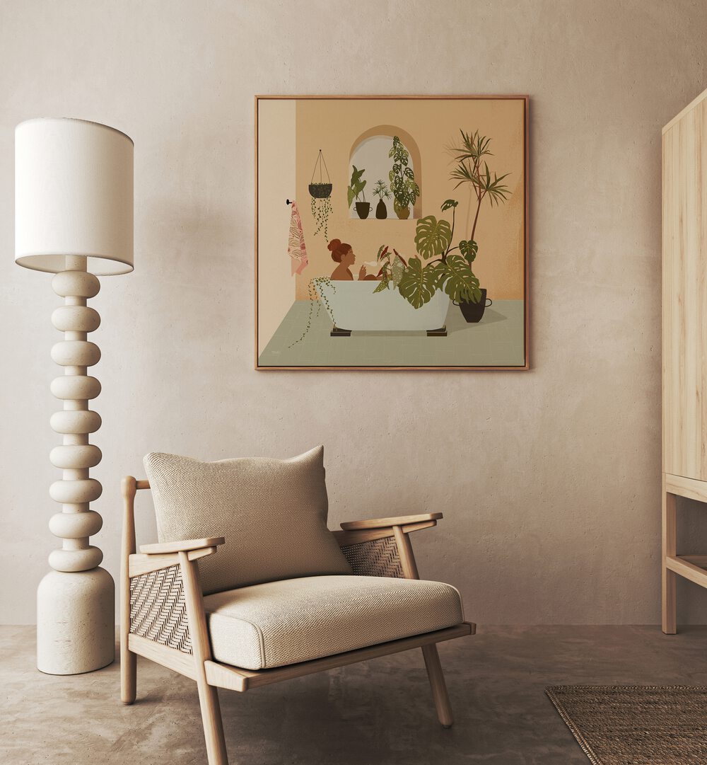 Cozy interior featuring "Growing My Own Plants, Portraits" by Andi Bell, showcasing lush greenery and relaxation.