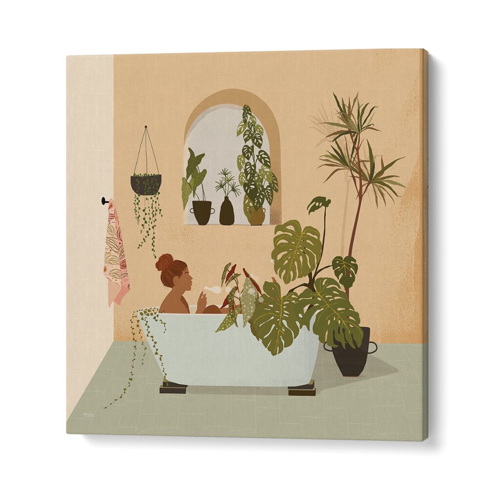 Relaxing in a bath surrounded by lush greenery, this piece captures the essence of GROWING MY OWN PLANTS, PORTRAITS by Andi Bell.