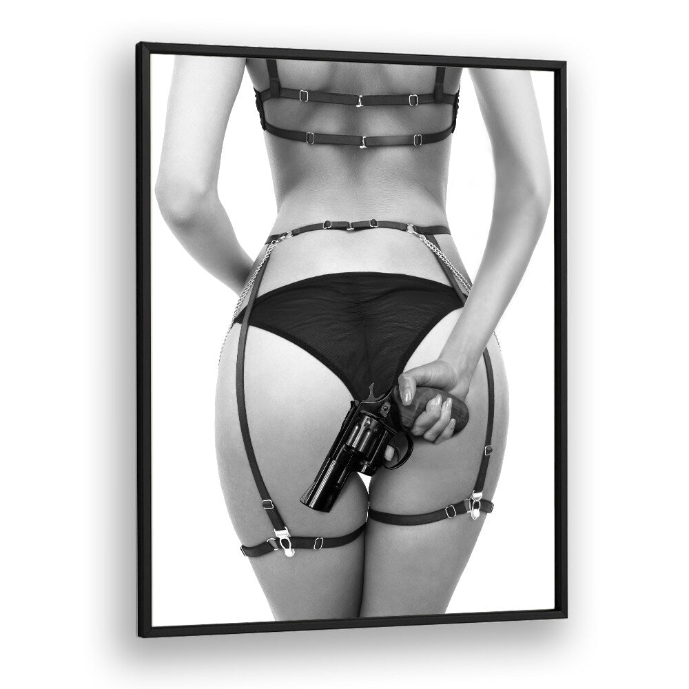 Striking "GUN, PHOTOGRAPHY PRINTS" by David Drake, blending fine art and fashion in a bold black frame.