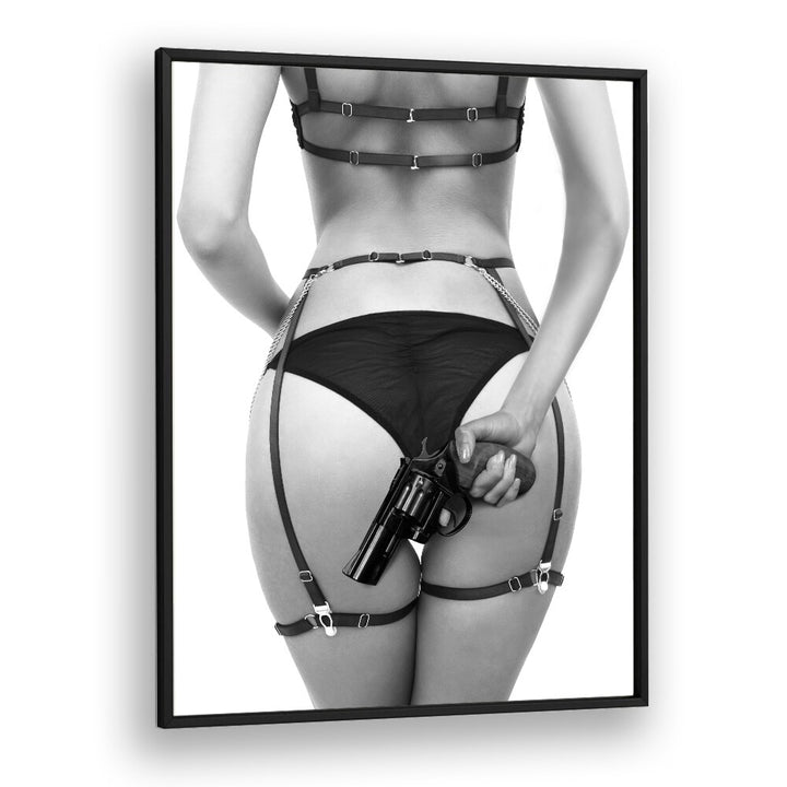 Striking "GUN, PHOTOGRAPHY PRINTS" by David Drake, blending fine art and fashion in a bold black frame.