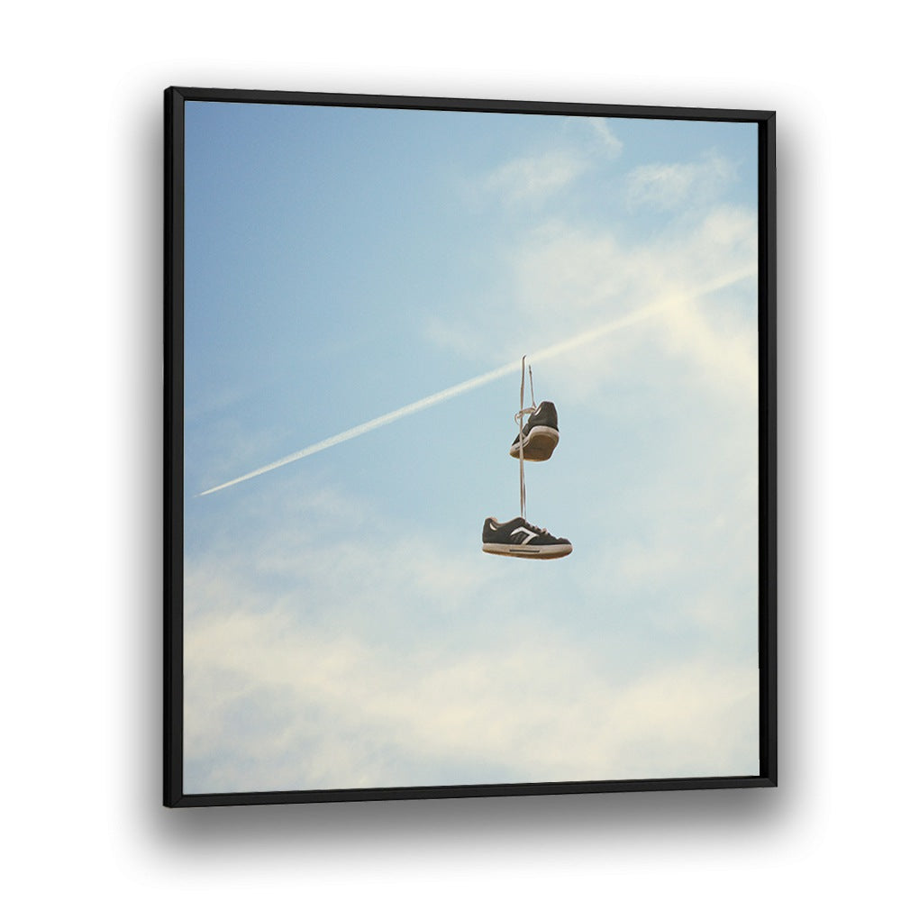 HANG N THERE SURREAL PAINTING, SURREAL ART features hanging shoes against a blue sky, enhancing any art collection.