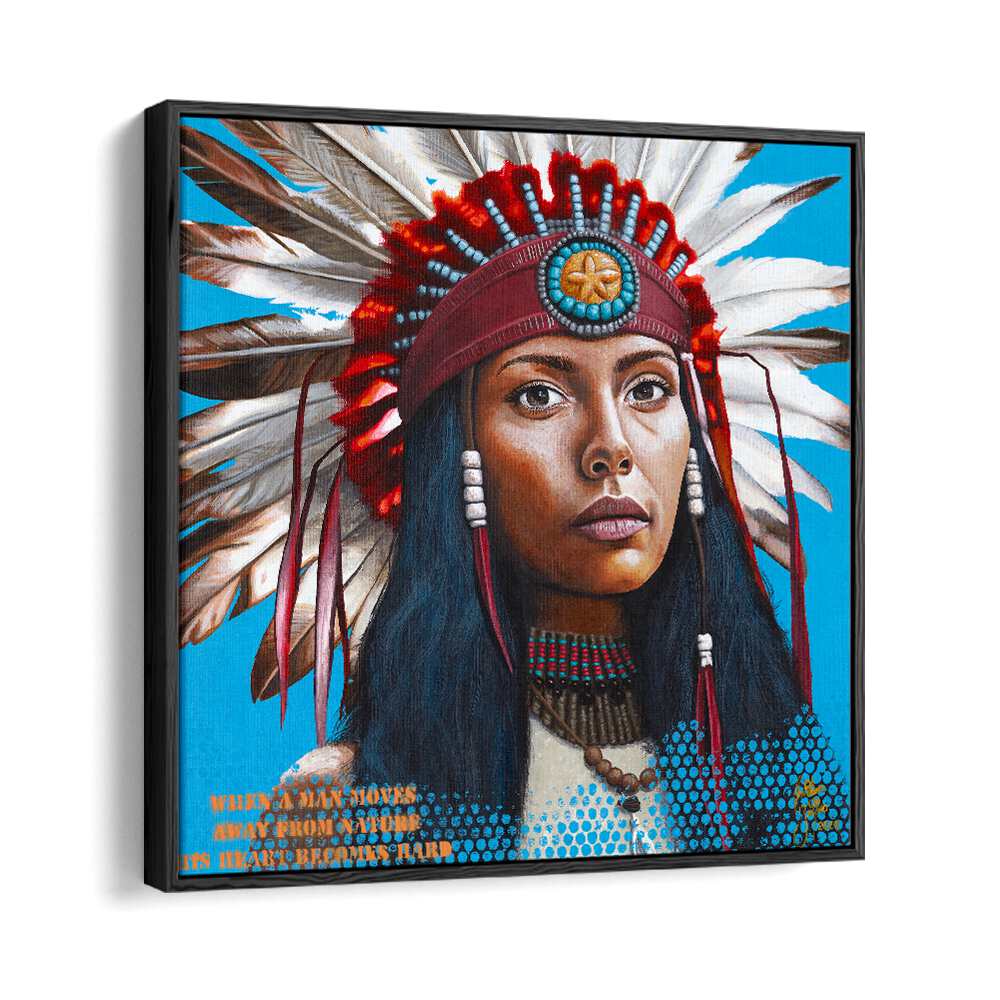 Vibrant "HARD HEART, COWBOY" painting by Christian Beijer, showcasing Red Indian heritage in a modern frame.