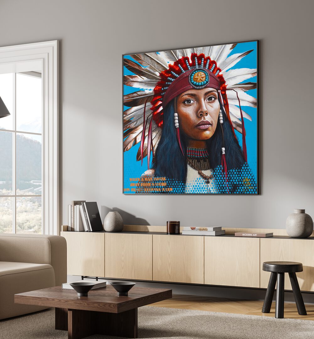 Elegant "HARD HEART, COWBOY" painting by Christian Beijer, inspired by Red Indian heritage. Perfect for modern decor.