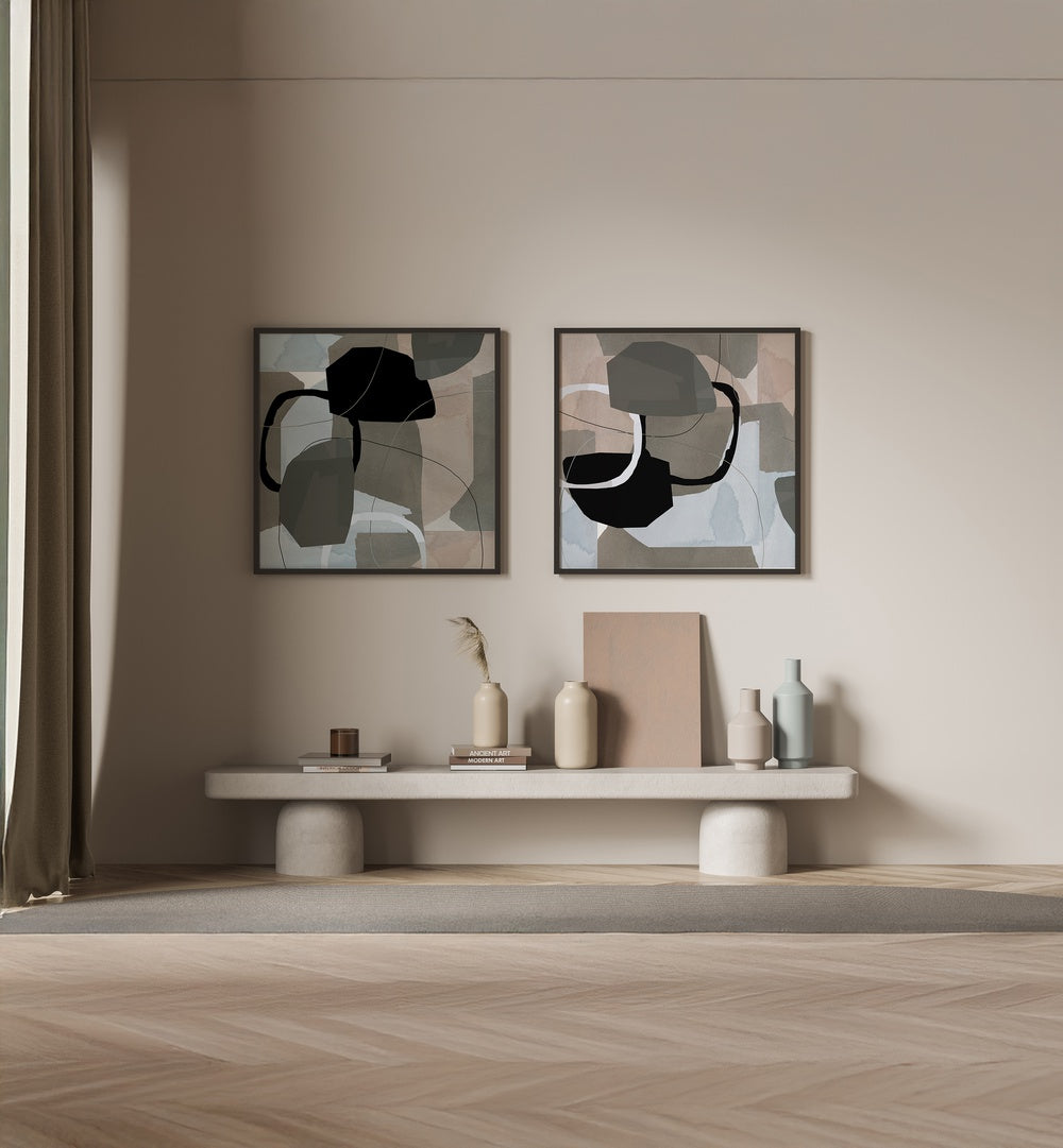 Stylish HARMONIC SHAPES SET, SET OF 2 PAINTINGS enhancing modern home decor with captivating geometric designs.