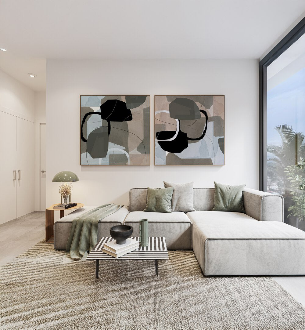 Elevate your decor with the HARMONIC SHAPES SET, SET OF 2 PAINTINGS, featuring stunning geometric art for any space.