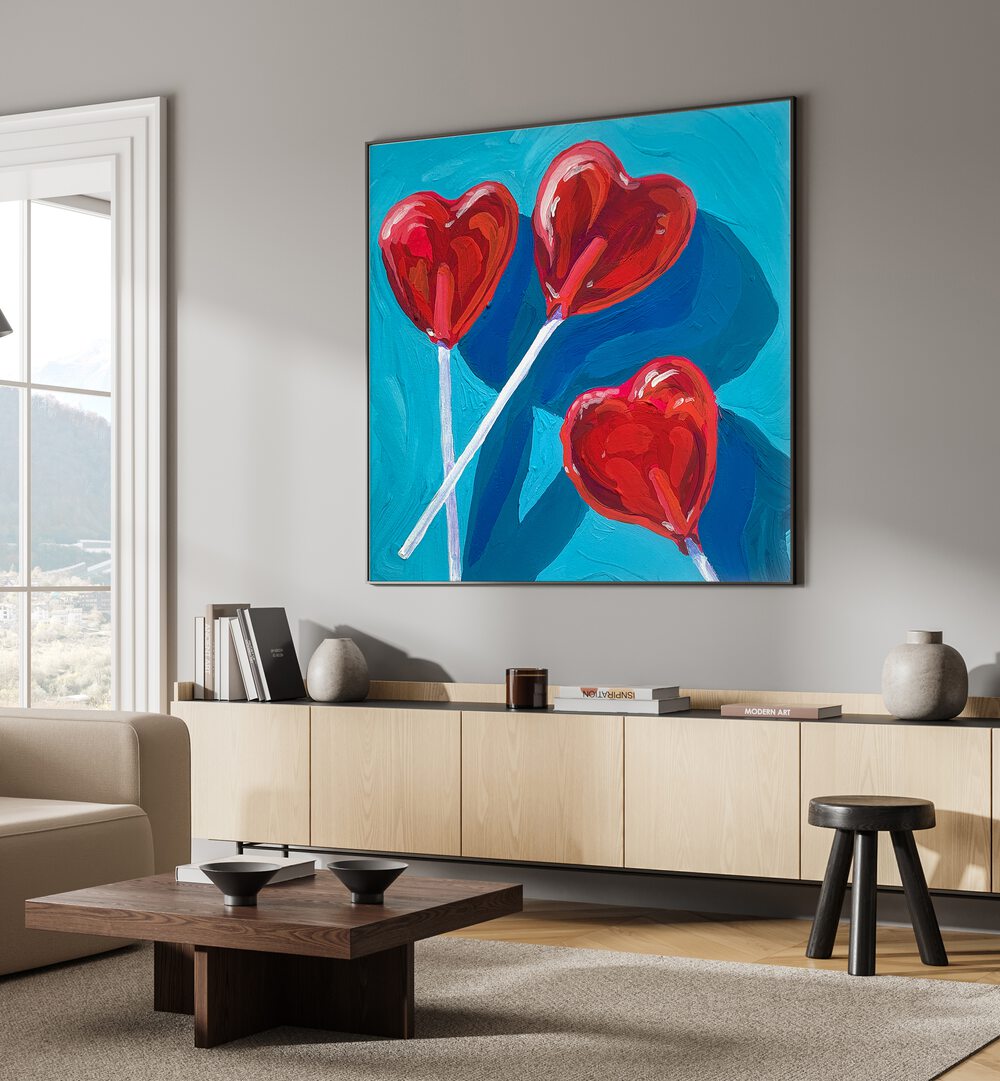 Heart Lollipops By Key And Sea Creative Fashion Art Artwork in Gallery Wrap Artwork Placed on a wall In A Living Room