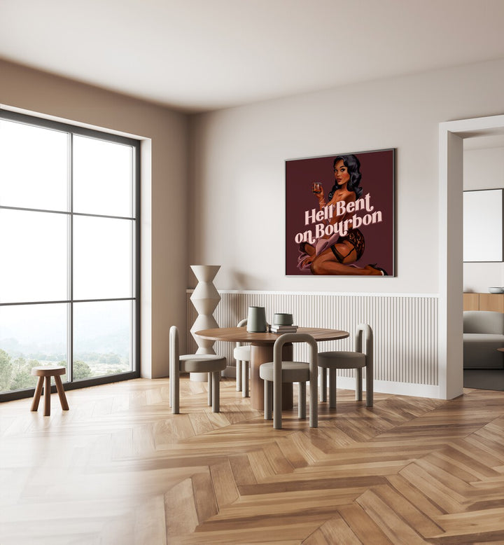 Stylish interior featuring HELL BENT, PORTRAITS art, celebrating femininity and strength in illustration.