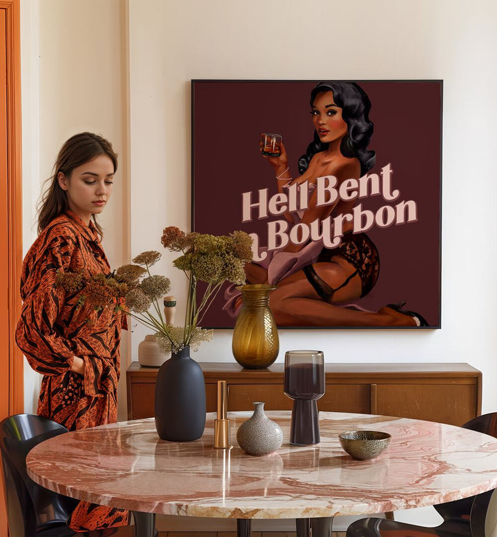 Stylish woman admires HELL BENT, PORTRAITS artwork, showcasing femininity and strength in a vibrant setting.