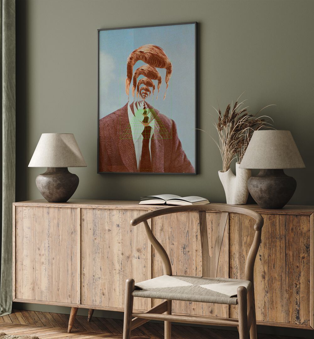 Stylish interior showcasing HELLO M, SURREAL ART PRINTS featuring a man in a tie, perfect for modern decor.
