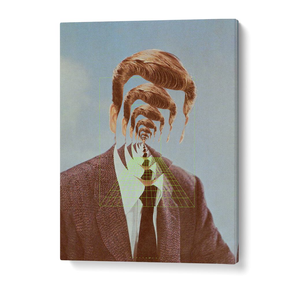Captivating HELLO M, SURREAL ART PRINTS featuring a man in a tie with mesmerizing geometric designs. Perfect for modern decor.
